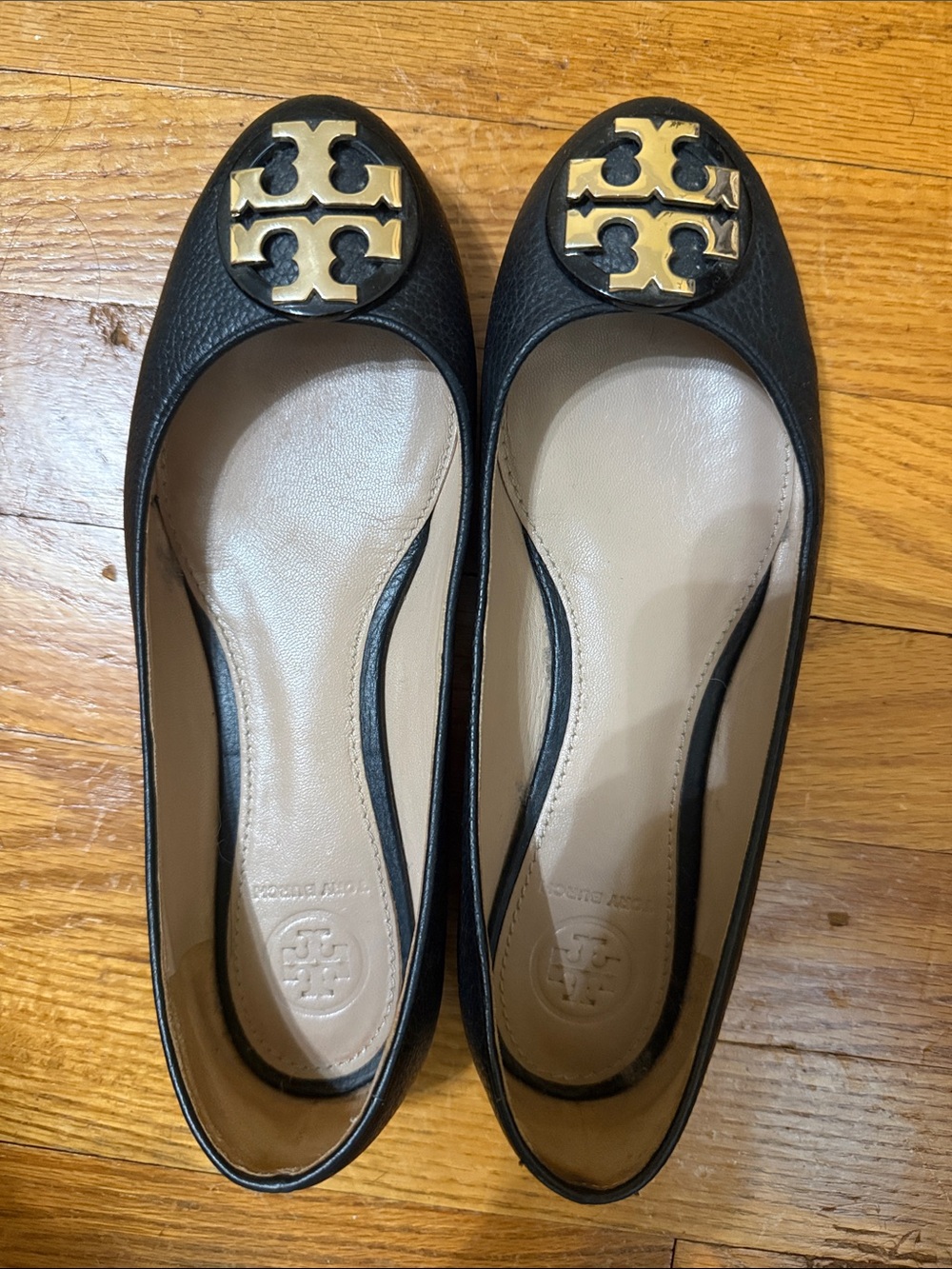 Tory Burch Black Leather Ballet Flats with Gold Logo